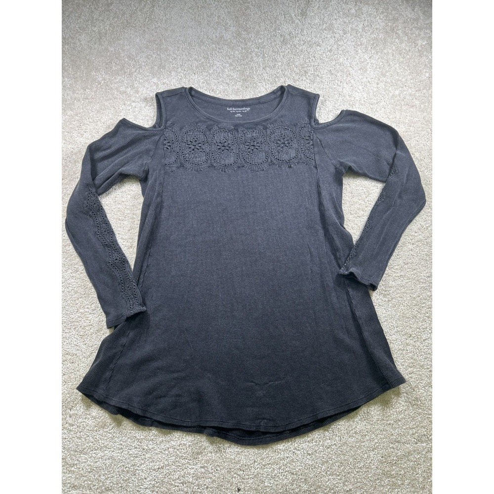 Soft Surroundings Cold Shoulder Crochet Detail Top Large Black Cotton Blend